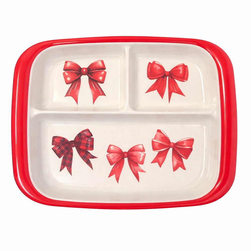 Posh Peanut Red Bow Divided Plate Bamboo Melamine Kids Snack Tray NIB